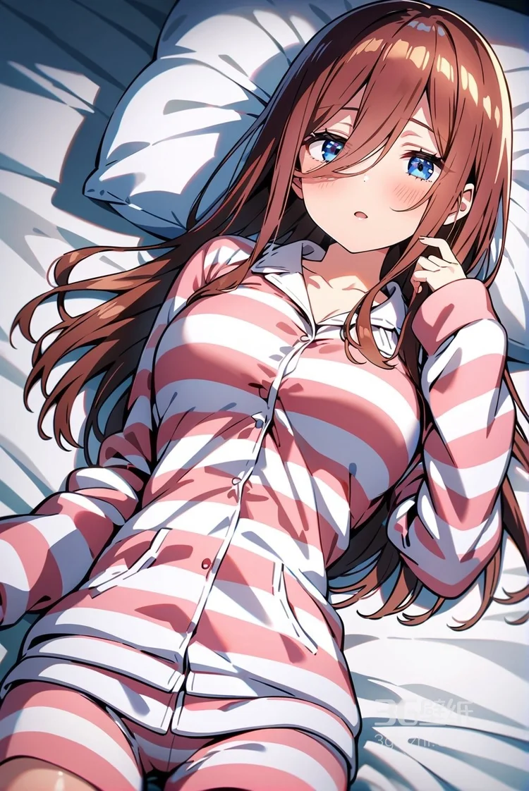 躺在床上，身着横纹睡衣的红发动漫少女插画图集3