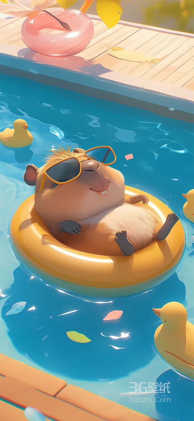泳池中，躺在游泳圈上，胖嘟嘟，戴着眼镜，晒太阳，可爱卡通豚鼠动漫插画手机壁纸1