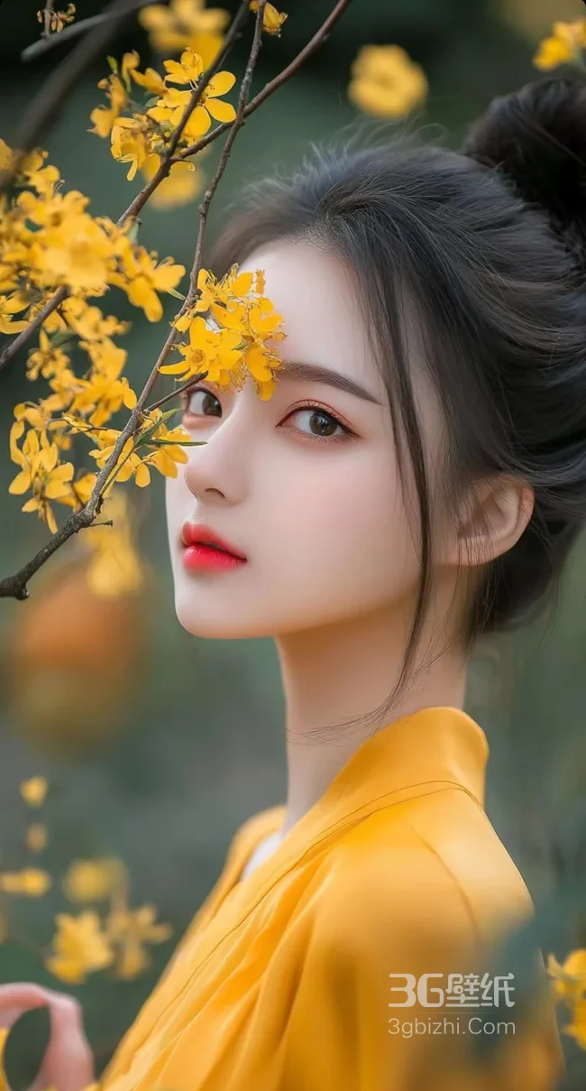 花美人，明媚动人，黄色花朵，衣服，相互映衬，AI美女精美手机图片1