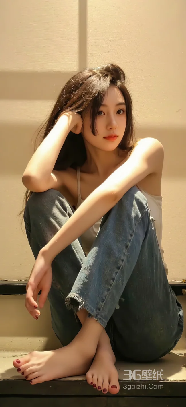 简约牛仔裤AI美女私房手机壁纸图片1