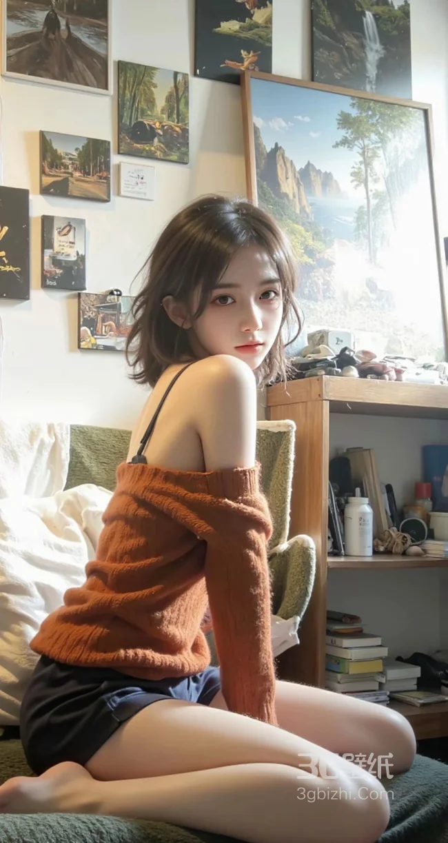 满是挂画的房间，美丽的毛衣短裤清纯美女沙发写真侧颜手机壁纸图片1