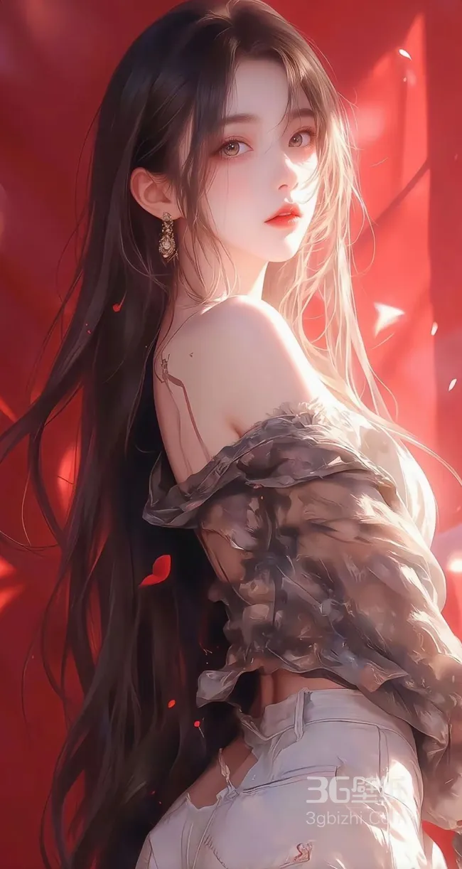 红色 浪漫，侧身看着你的抹胸衣加牛仔裤AI美女手机壁纸图片1