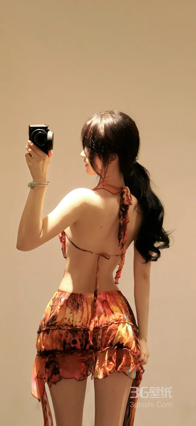 苗条身材，手拿相机自拍，超美背影手机壁纸图片1