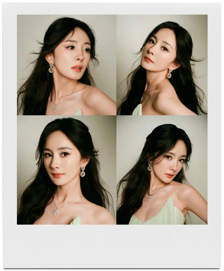 杨幂一袭浅绿色吊带开叉长裙，搭配精致项链首饰，尽显柔美性感9