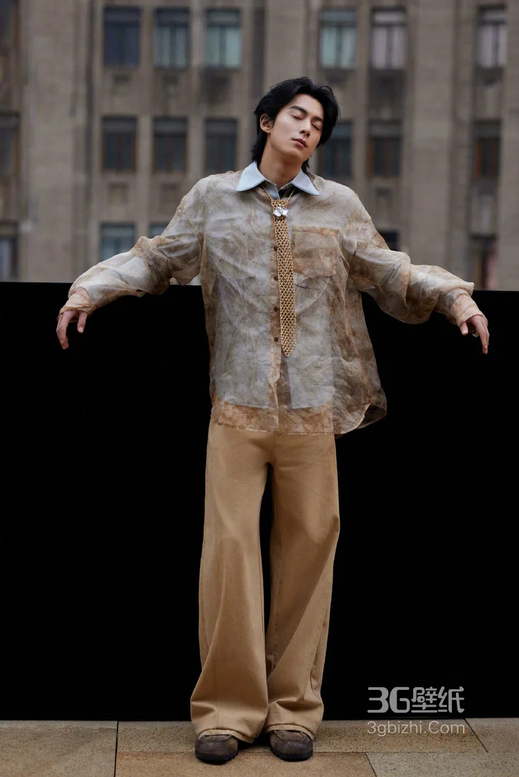  王鹤棣浅棕晕染衬衫复古优雅，清俊有型写真图片4