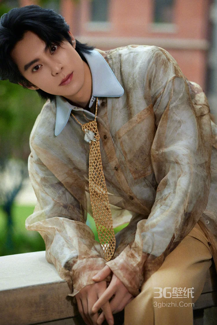  王鹤棣浅棕晕染衬衫复古优雅，清俊有型写真图片9