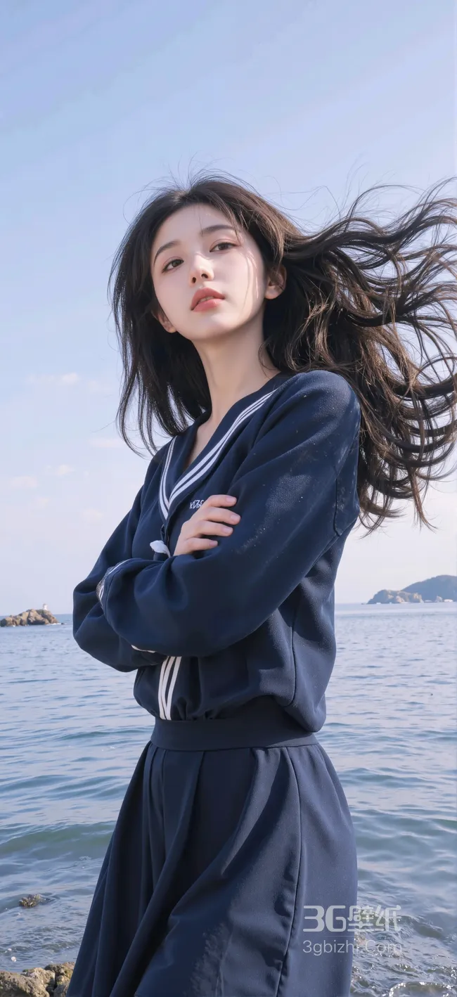 海边，抱着双臂，秀发飞扬的AI学生美女手机壁纸图片1