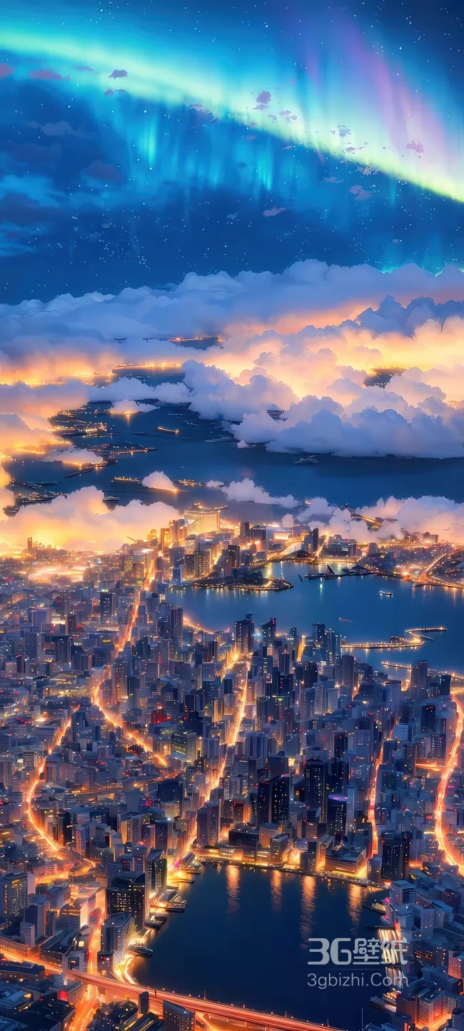 俯瞰，灯火辉煌的城市，云朵，唯美壁纸图片1