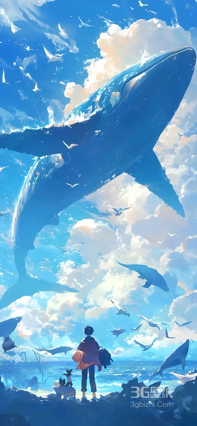 海边唯美动漫，大鱼，小男孩背影，白云，蓝天，飞鸟 场景手机壁纸图片1