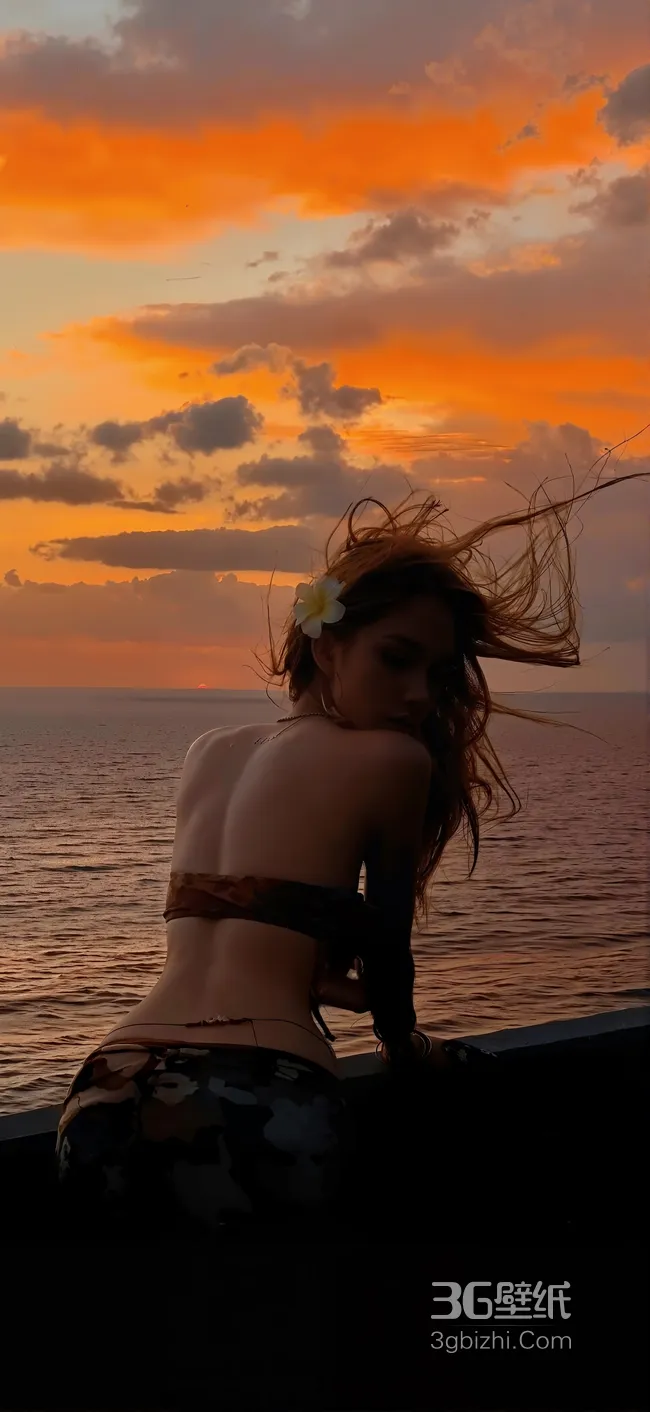 夕阳，海边，秀发飞扬的性感好身材美女背影唯美手机壁纸图片1