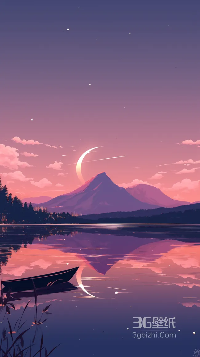 夕阳，湖中，湖水，一艘小船，渔舟，远处的山峰，弯月唯美插画手机壁纸1
