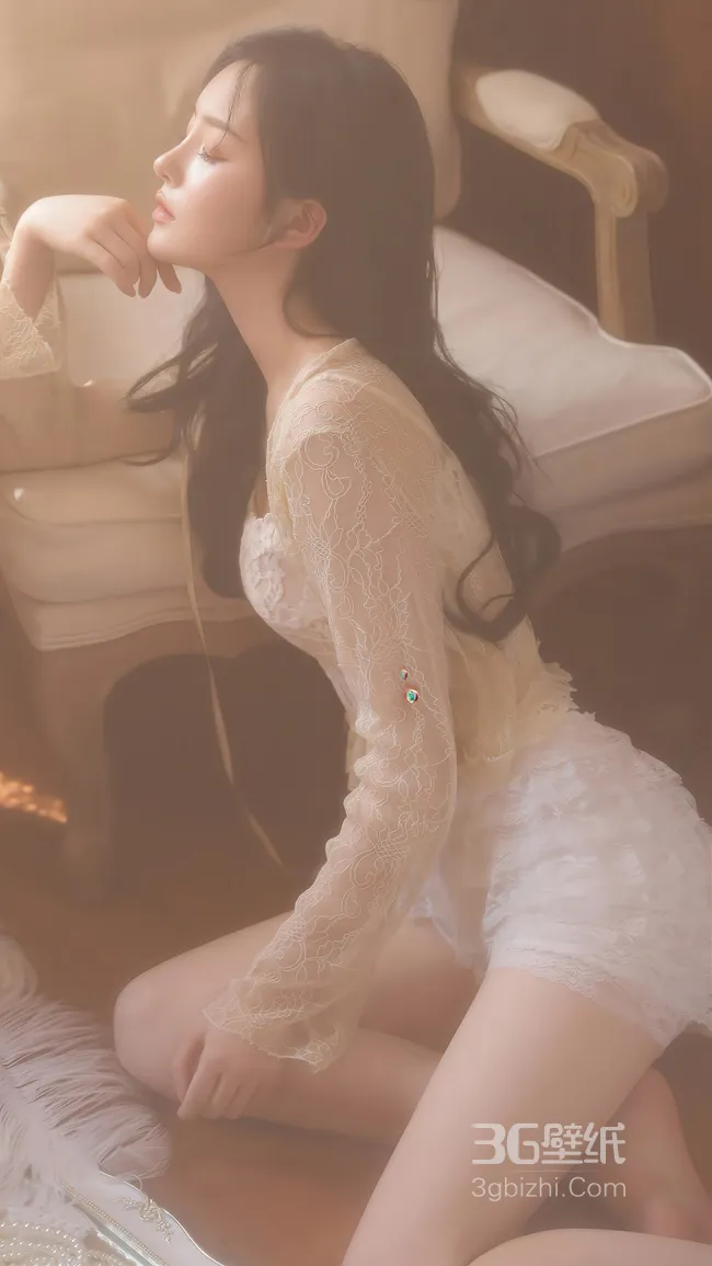 朦胧感美女，靠坐在沙发凳子旁的性感好身材美女手机壁纸图片1