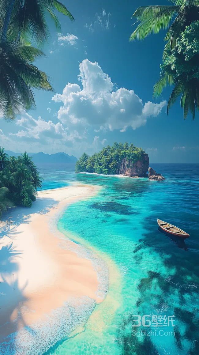 海岸，沙滩，椰树，树林，蔚蓝的大海，海水，唯美景色手机壁纸图片1