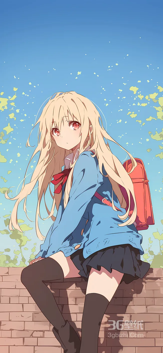 蓝天，坐在半人高红色砖墙上的JK裙二次元少女手机壁纸图片1