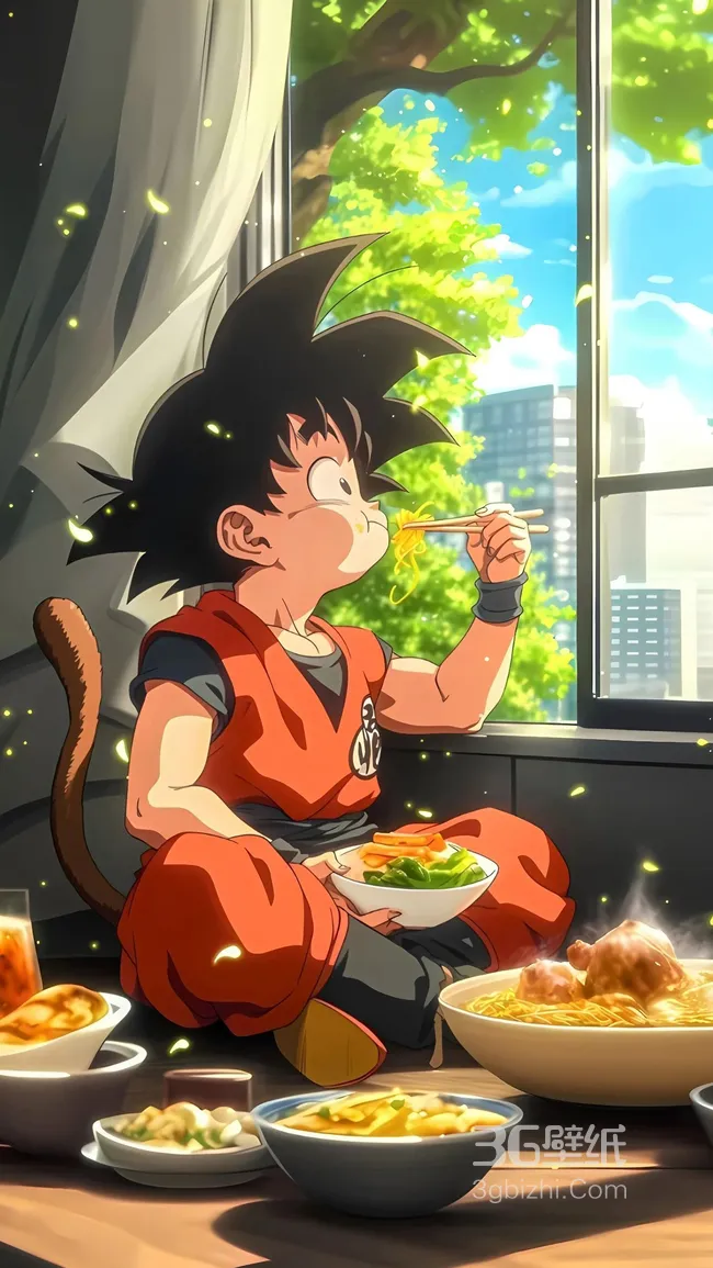 龙珠悟空，靠坐在窗台上的吃饭Q版悟空可爱卡通手机壁纸图片1