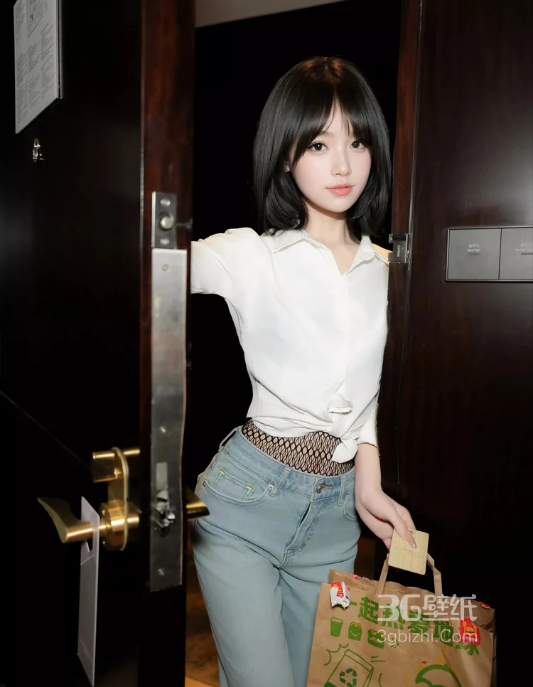 娇小苗条短发网红美女，简单的白衬衫加牛仔裤穿搭居家写真美照3