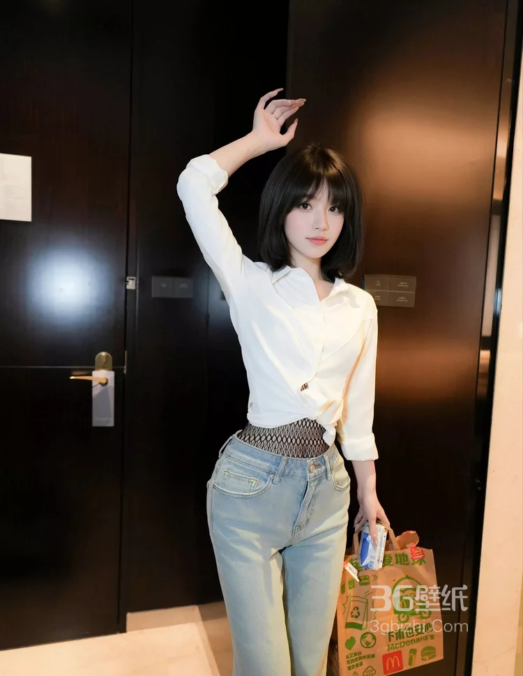 娇小苗条短发网红美女，简单的白衬衫加牛仔裤穿搭居家写真美照2