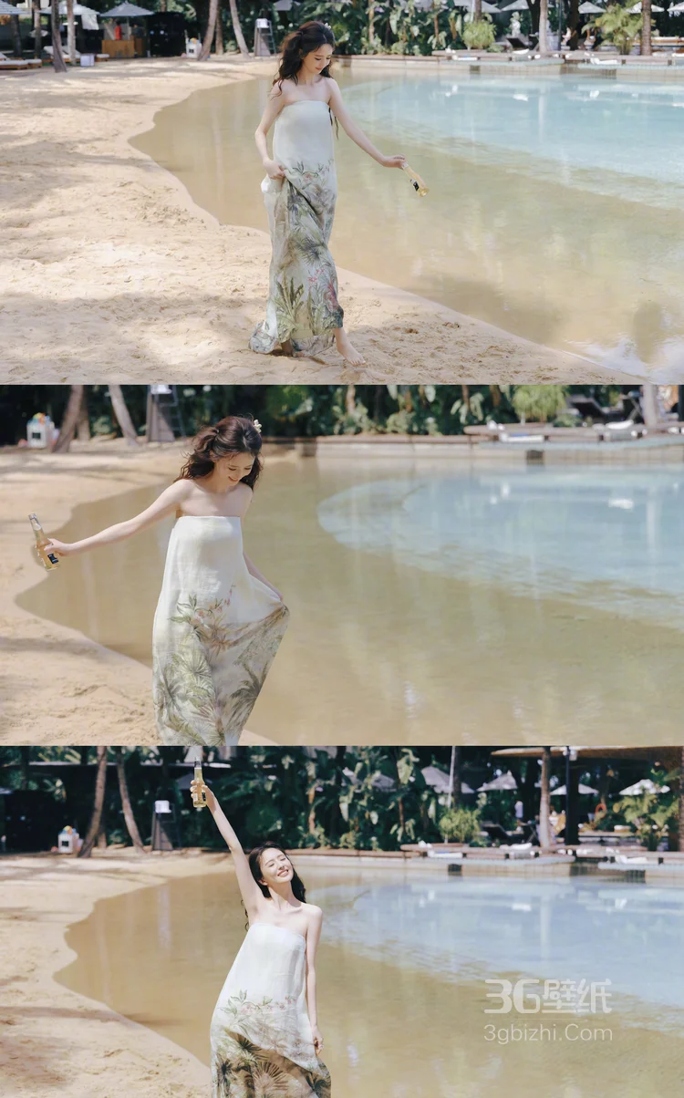阳光，沙滩，椰树林，佟丽娅假日海边抹胸裙穿搭优雅写真大片4