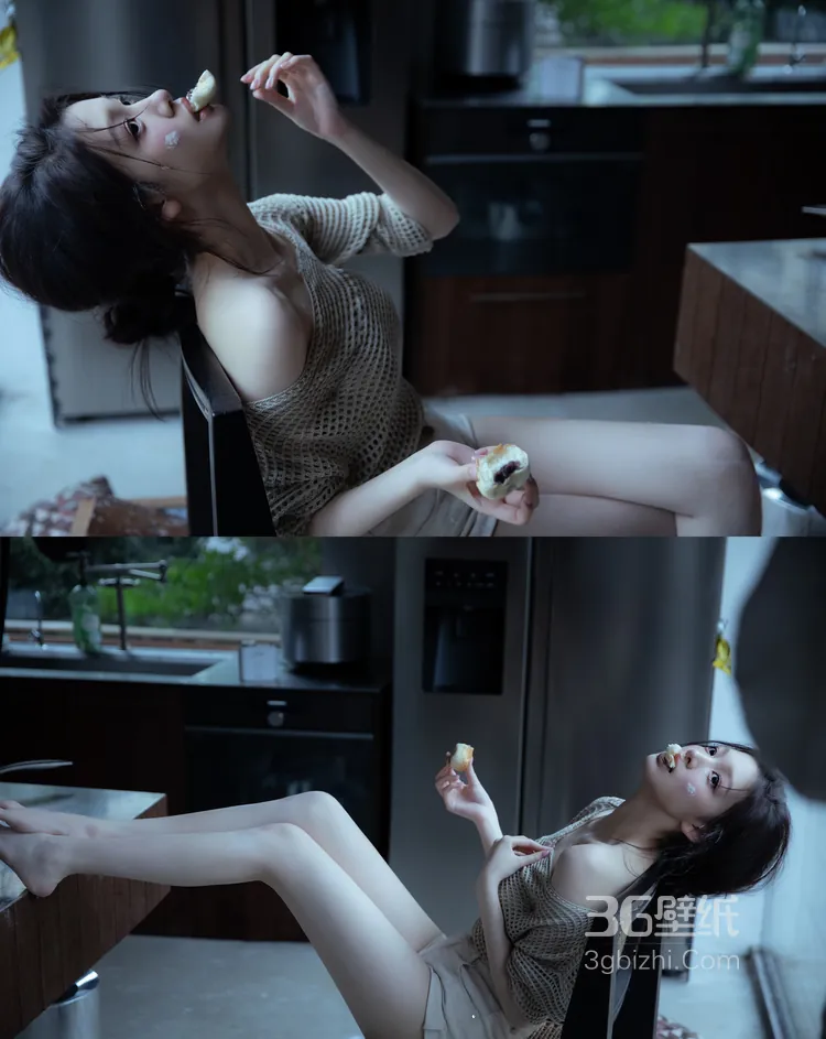 在厨房里做面包的性感极品女神网格上衣加短裤超高清写真，身材实在太棒了，3