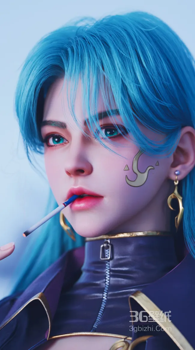 蓝发酷姐｜金属纹身 + 吸烟姿势，超 A 壁纸来袭1