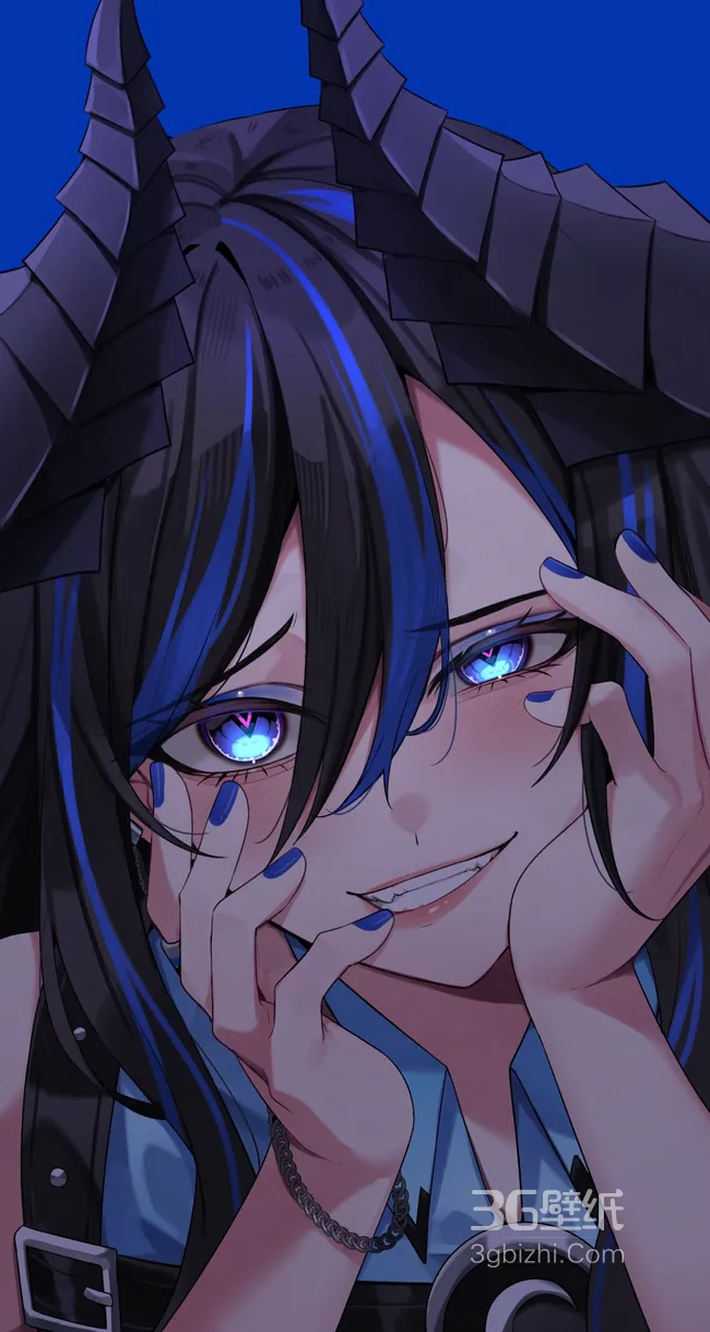 异色瞳 + 恶魔角！这个蓝调少女壁纸超绝1