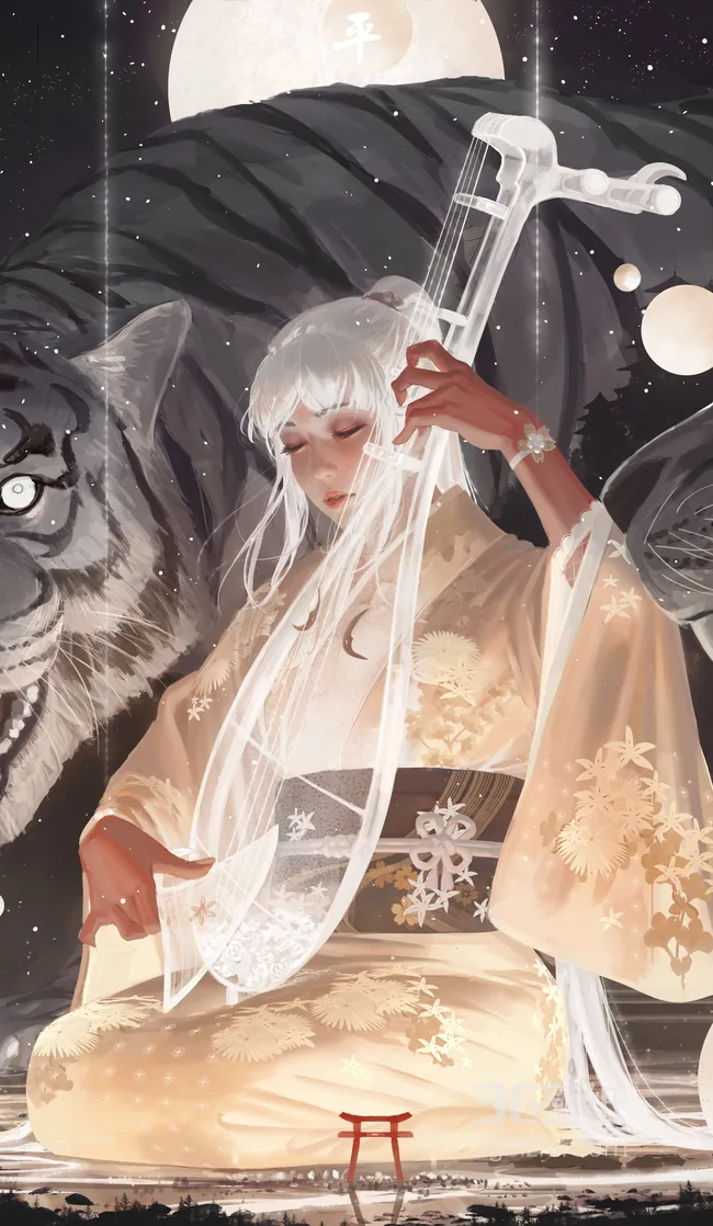 满月・白虎・琴音，日系国风插画壁纸超绝呈现1