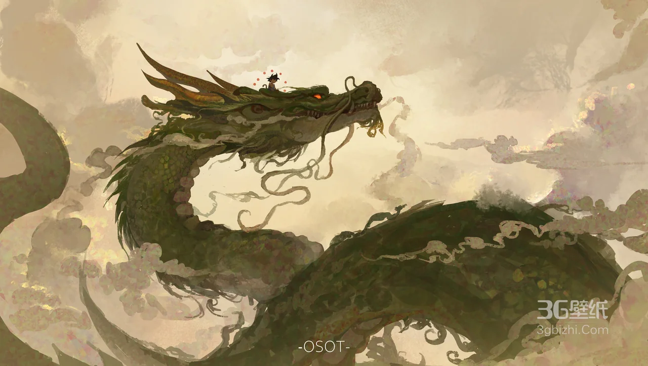 《国风奇幻巨龙与人物插画壁纸 云雾缭绕意境高清下载》1