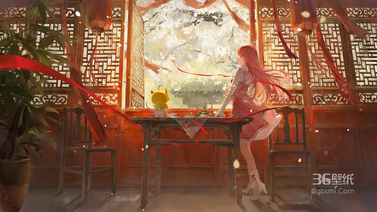 古风中式庭院少女与萌物壁纸 暖色调樱花飘落高清下载1
