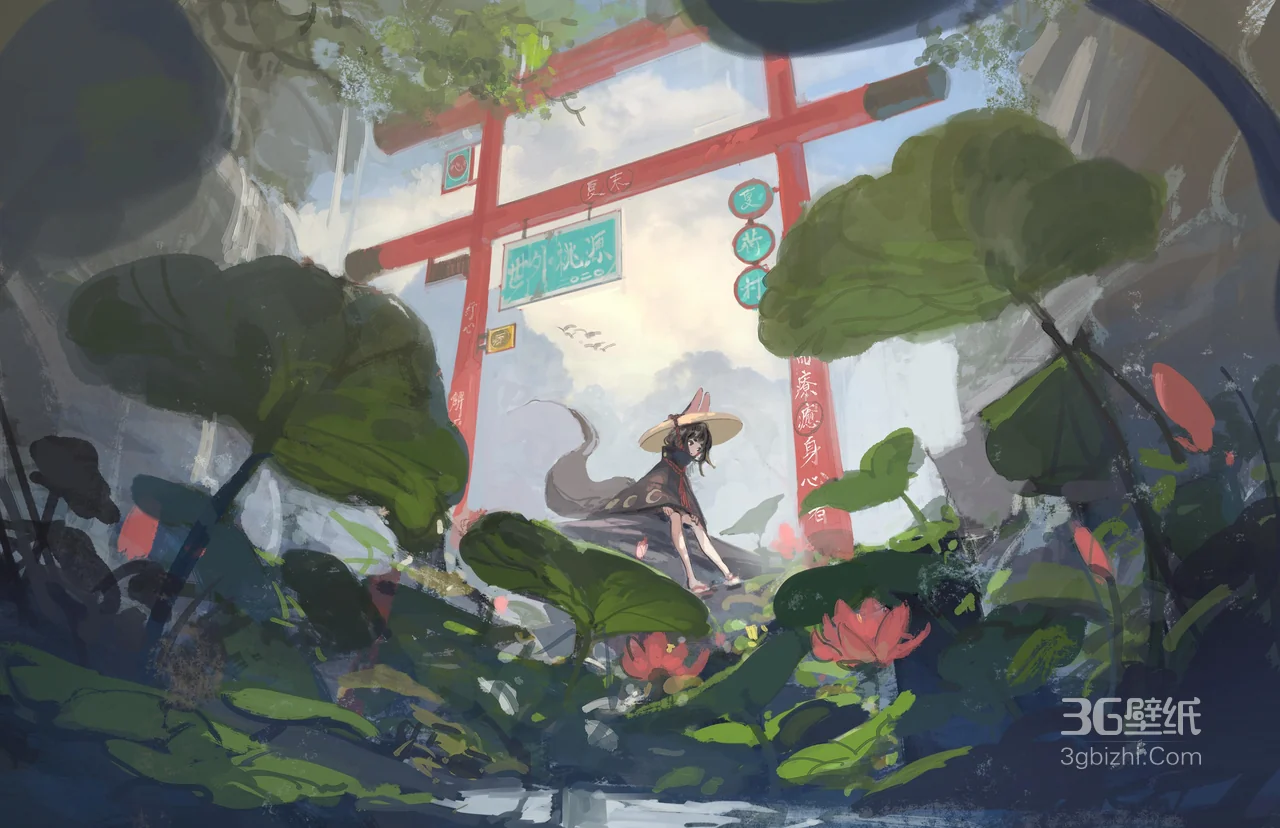 日式夏日荷塘少女壁纸 鸟居元素与清新意境高清下载1