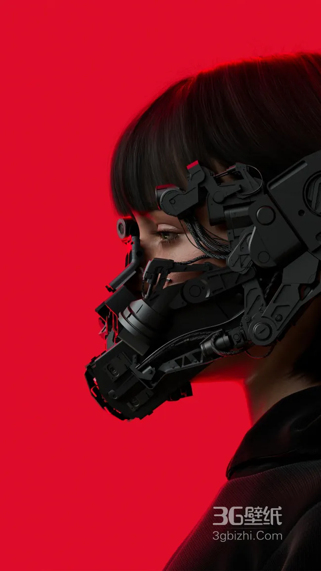 赛博朋克风机械面罩少女壁纸，红黑配色超酷炫高清下载1