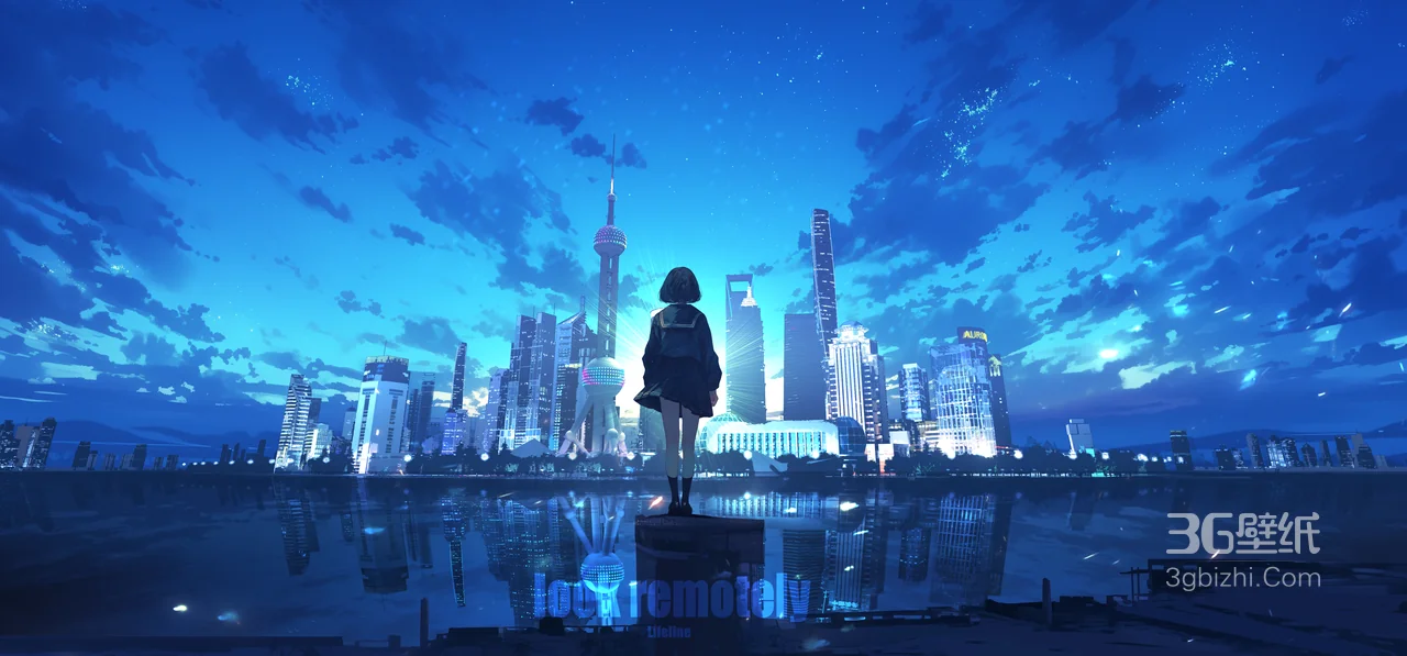 《蓝调魔都夜景 少女眺望城市动漫壁纸》1