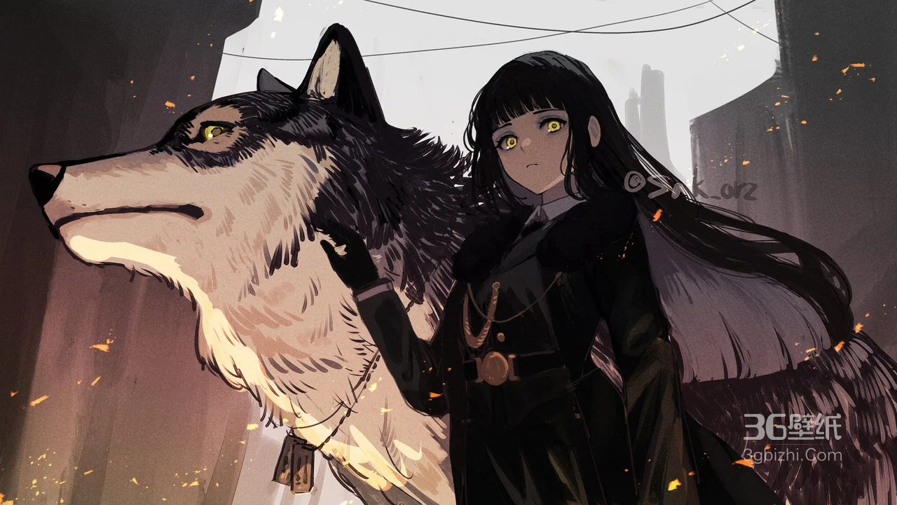 《暗黑系少女与巨狼伙伴 暖光星火下的神秘动漫插画壁纸》1