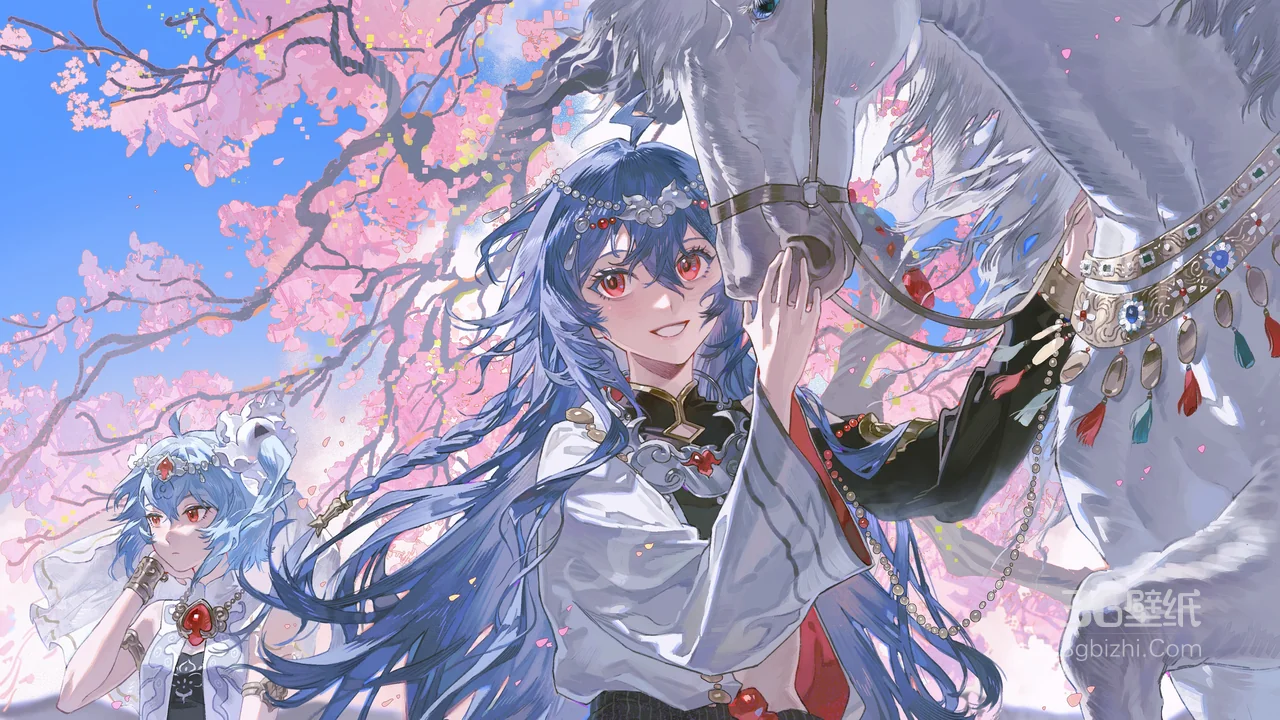 《樱花树下 蓝发少女与神骏白马 奇幻和风动漫壁纸》1