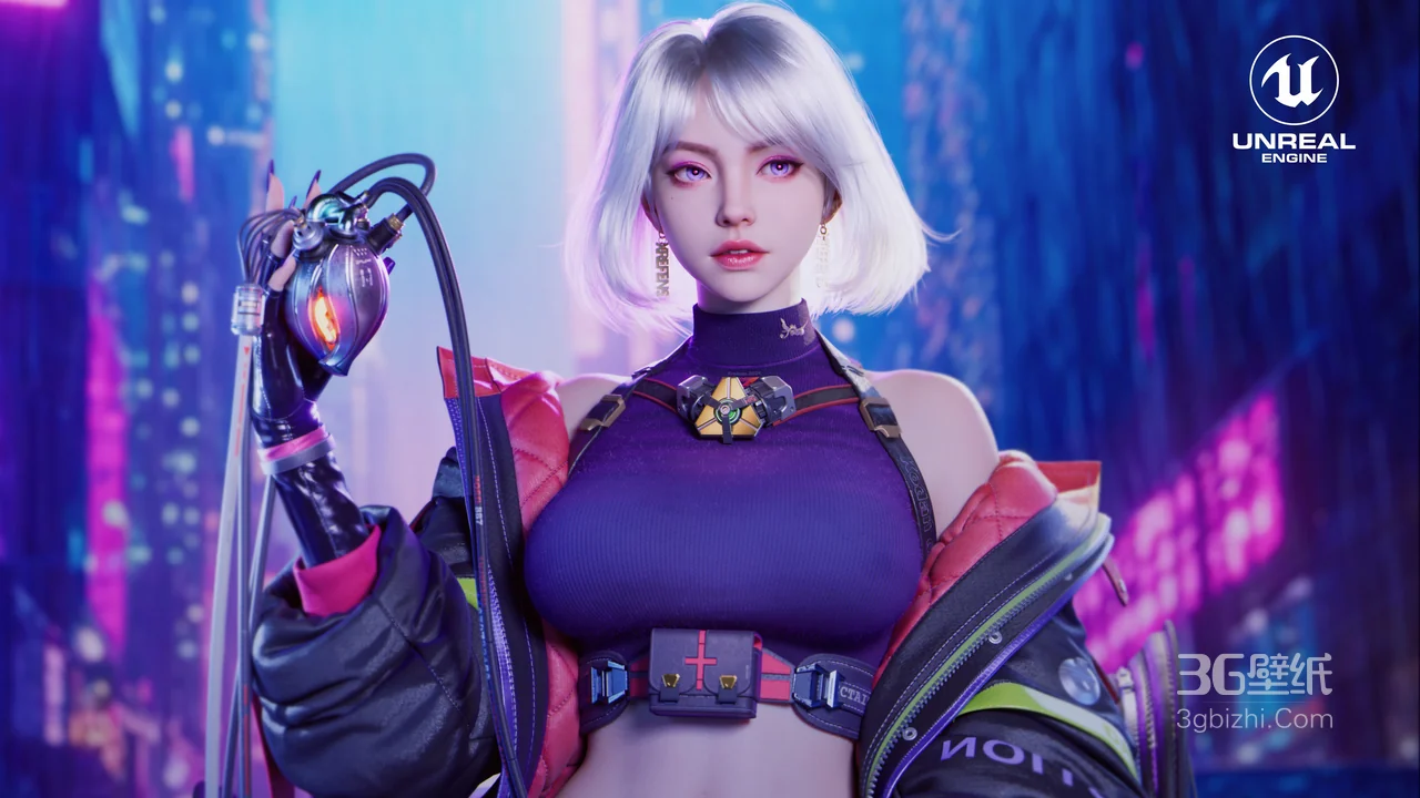 虚幻引擎 赛博朋克银发科技少女 霓虹都市壁纸1