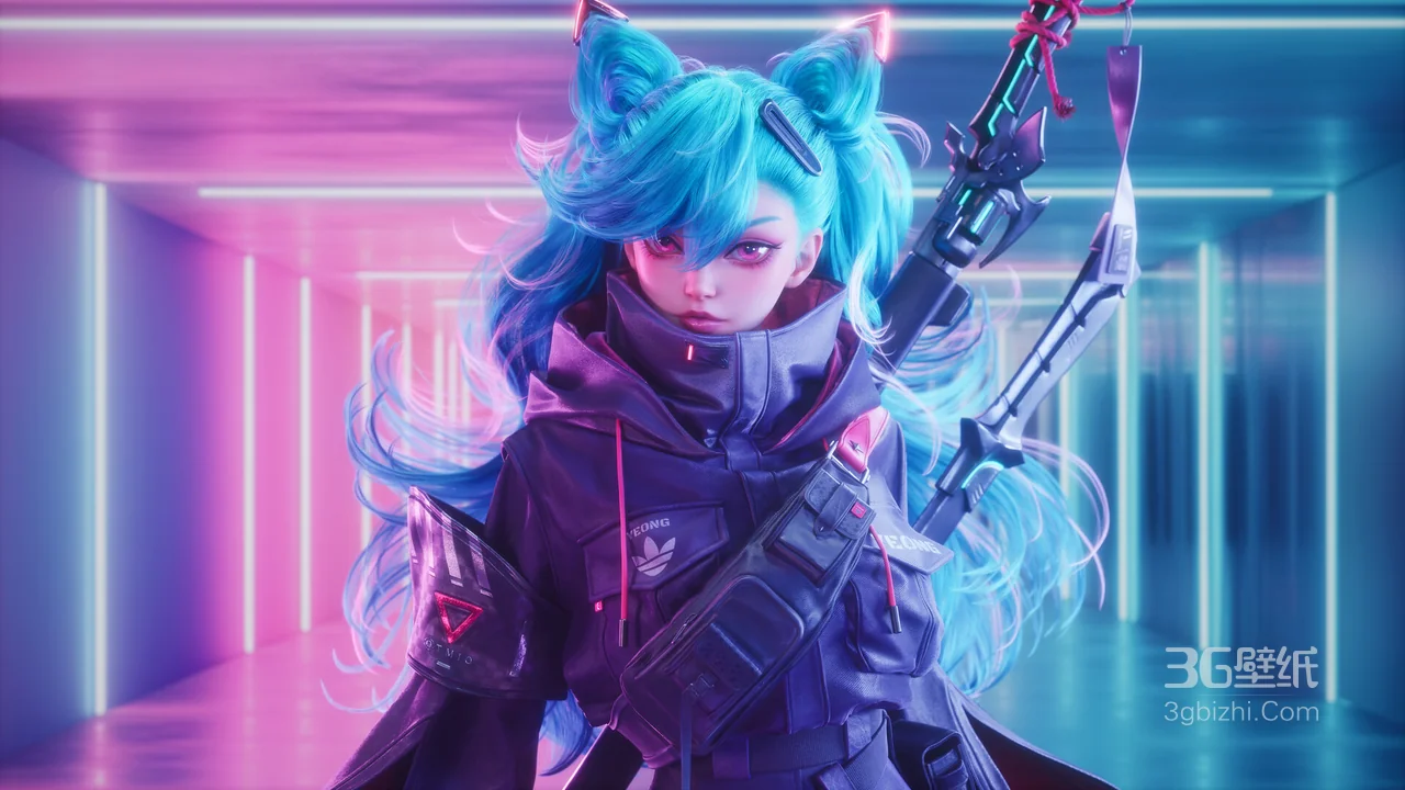 赛博霓虹猫耳少女 未来科技风动漫壁纸1