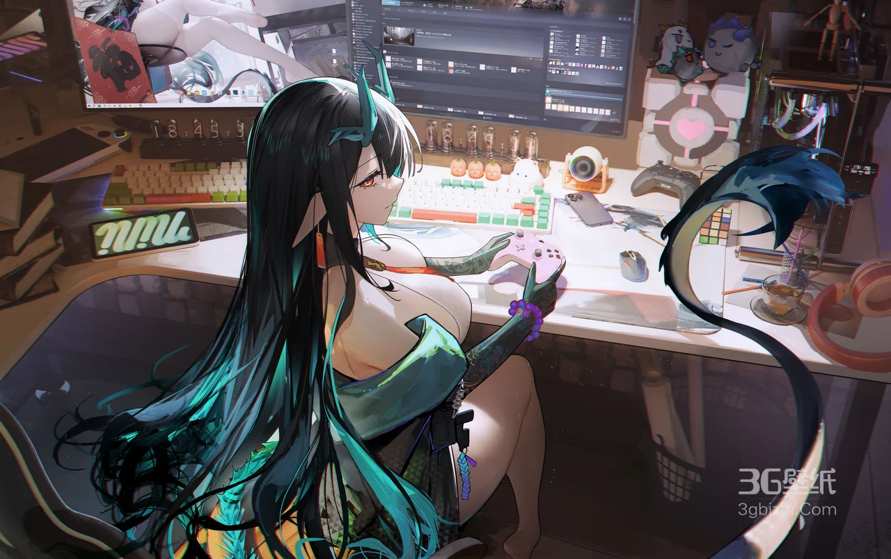 《龙娘的电竞时光 奇幻种族与科技桌面的宅系游戏动漫壁纸》1