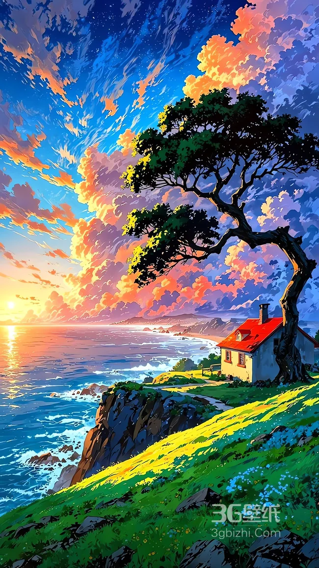 海边孤屋 梦幻色彩治愈系风景壁纸1