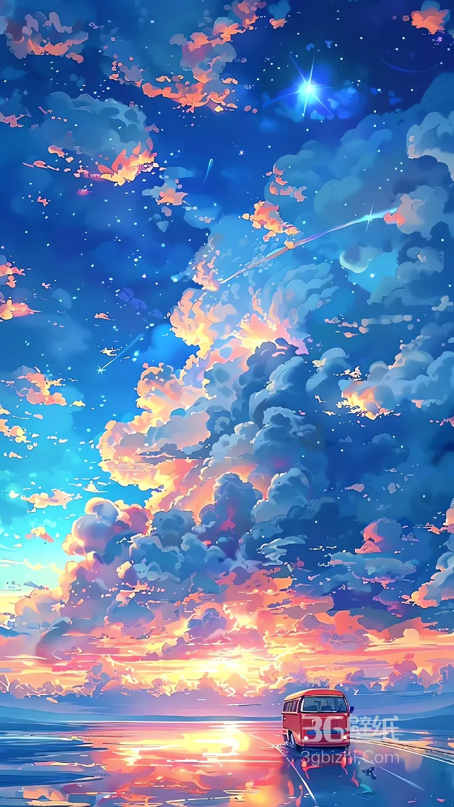 梦幻云境 红色巴士漫游天际壁纸1