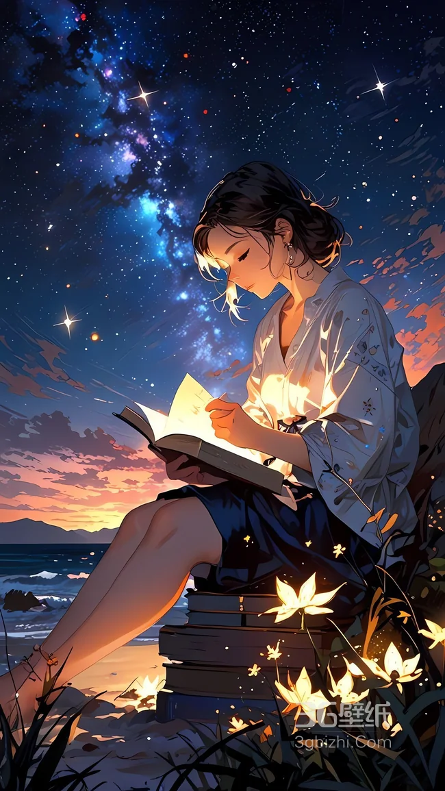 星空下的阅读少女 浪漫治愈系插画壁纸1