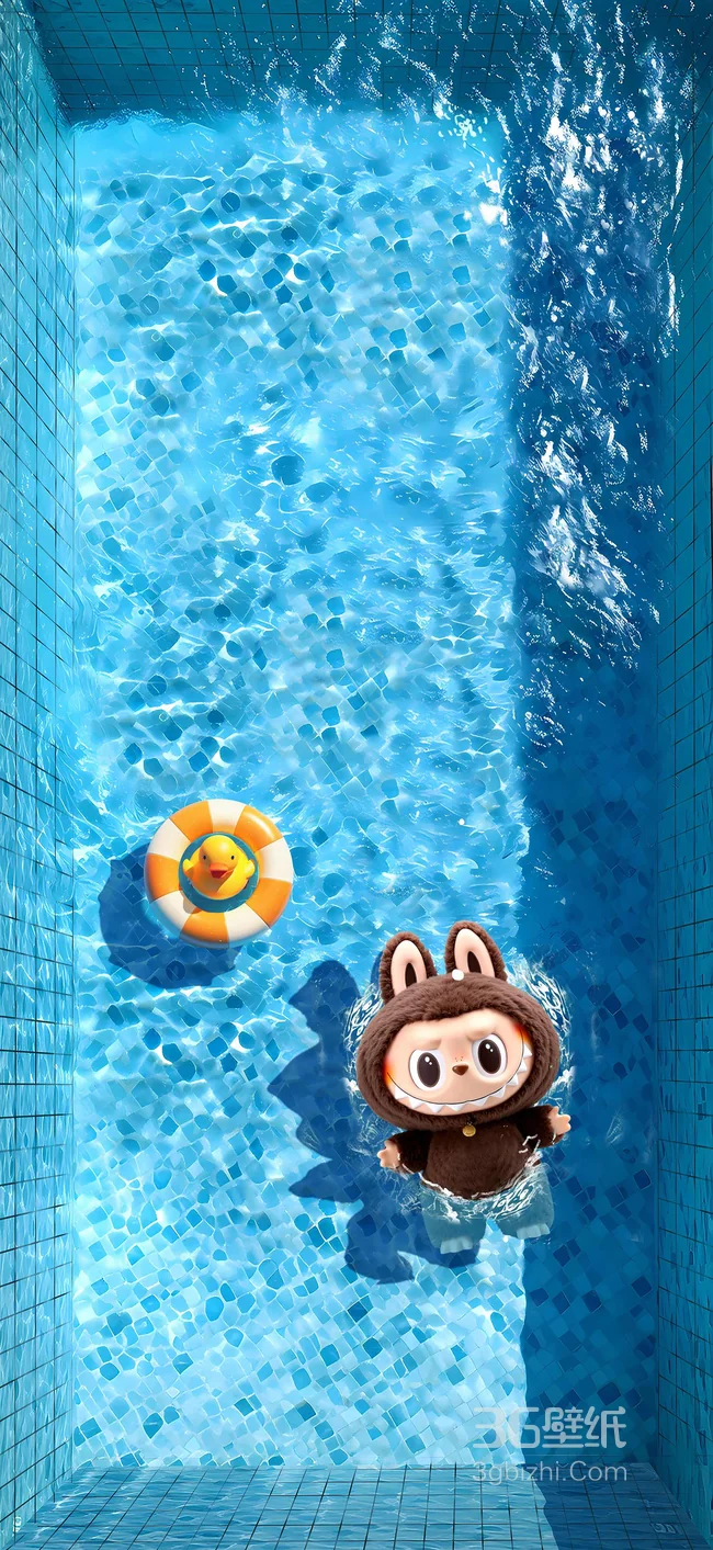 《拉布布LABUBU萌系泳池派对 萌趣兽耳LABUBU玩偶与小黄鸭清凉手机壁纸》1
