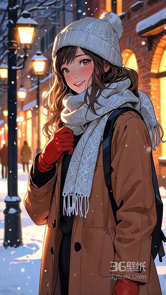 冬日街头 暖心少女治愈系插画壁纸1