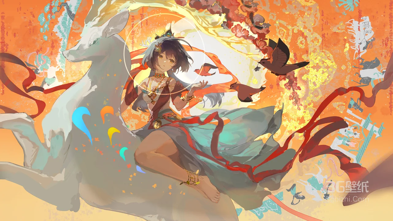 古风少女骑仙鹿伴飞鸟艺术插画壁纸1