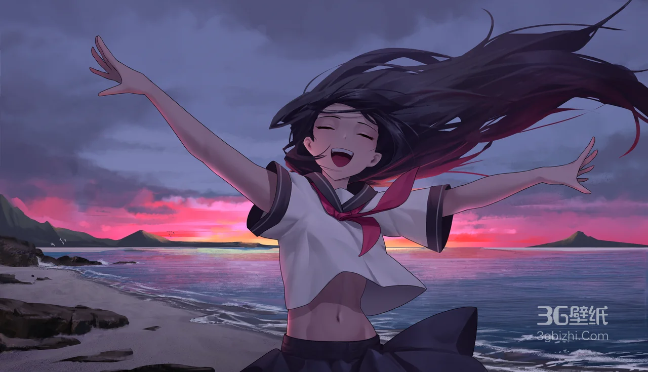 霞海之约 校服少女海滨黄昏治愈壁纸1