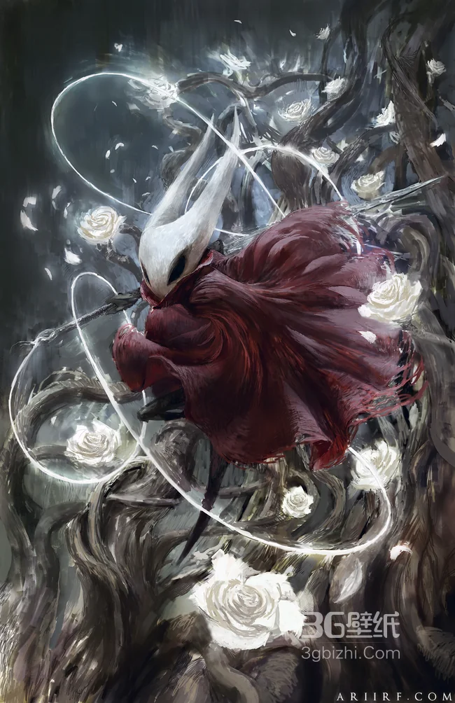 《空洞骑士：丝之歌》白色面具红斗篷角色“黄蜂女” 树根缠绕白色玫瑰发光光环手机壁纸1