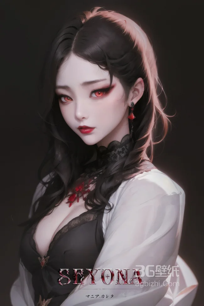 二次元暗黑系黑发红眼女性动漫角色高清插画1