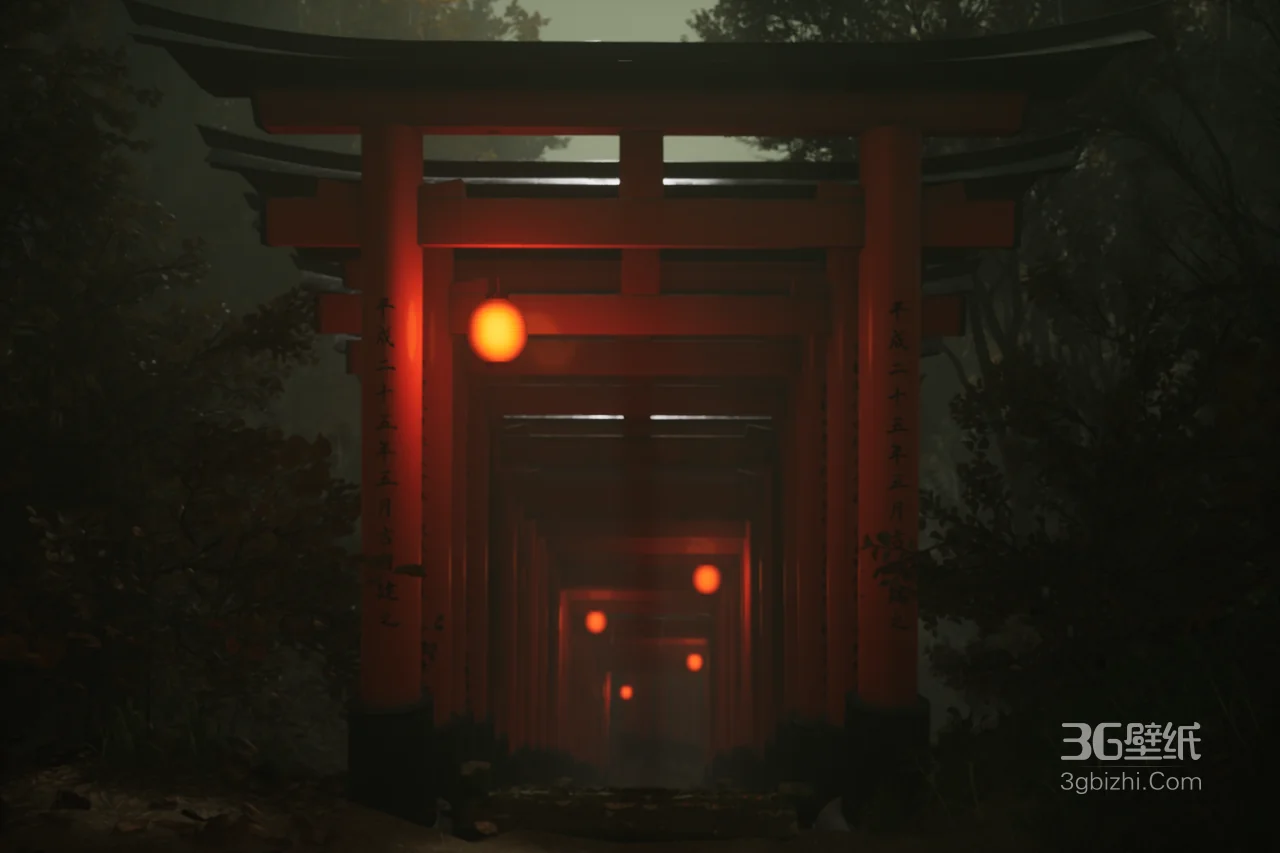 红色鸟居雾林灯笼日式意境创意壁纸1