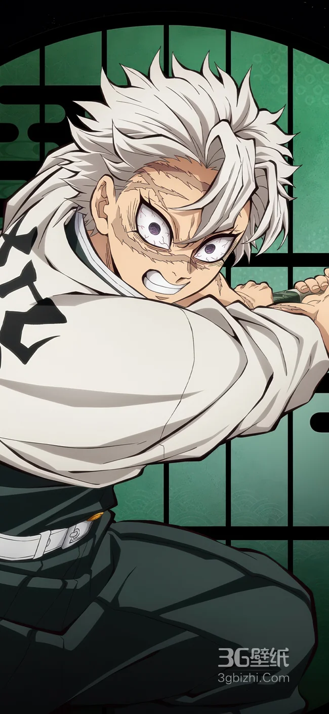 鬼灭之刃白发伤疤少年“不死川实弥”持刀战斗热血动漫高清壁纸1