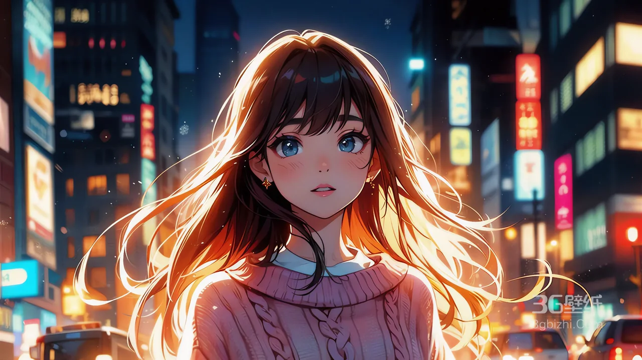 夜晚城市霓虹灯下的长发动漫女孩电脑壁纸1
