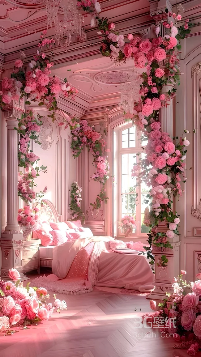 粉色玫瑰花环绕华丽法式公主房设计1