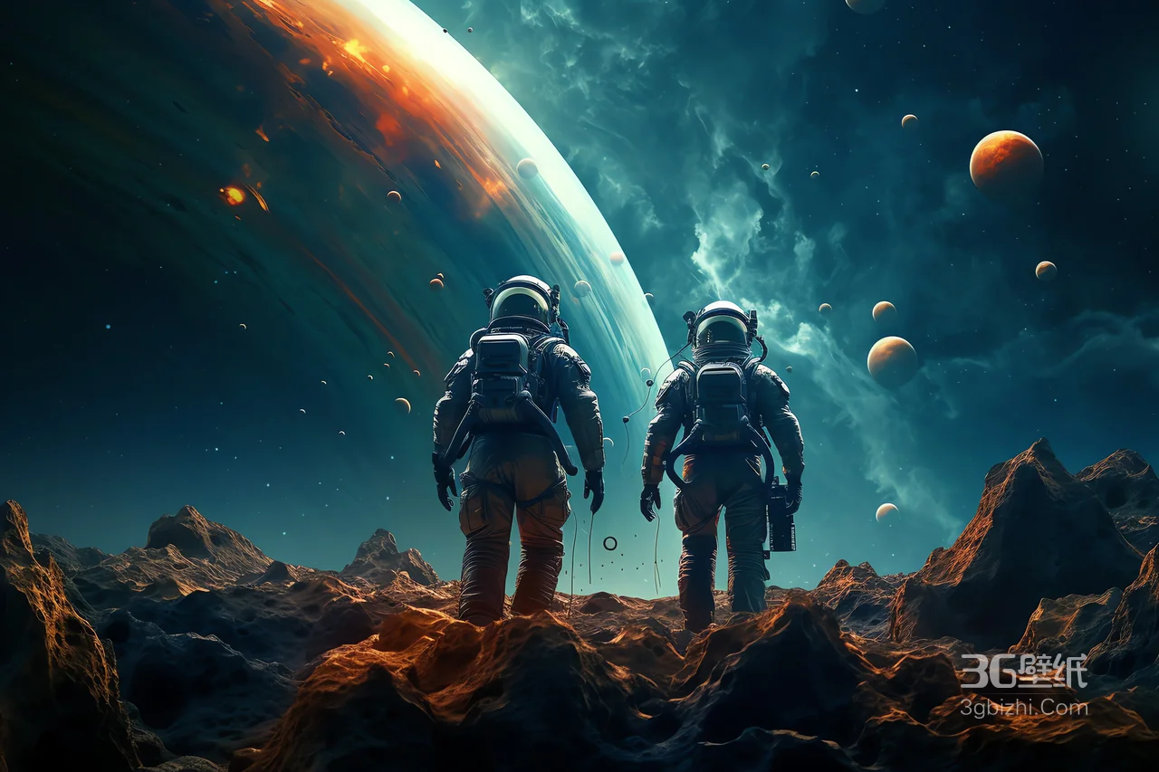 宇航员外星岩石表面观测巨大行星太空科幻电脑壁纸1